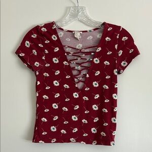 Forever 21 Burgundy Floral Lace-Up Tee
